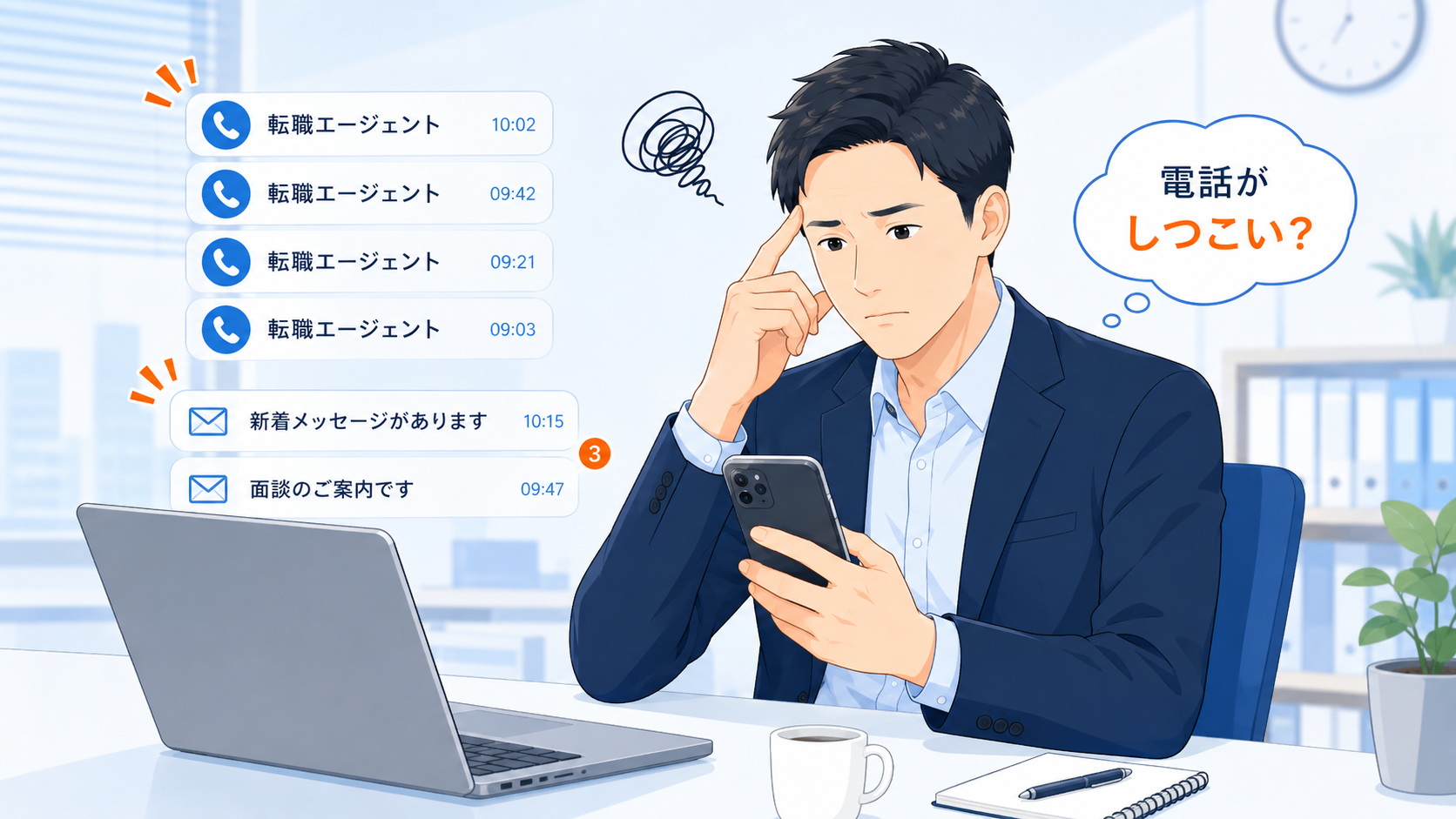 転職エージェントから電話やメールが多くてしつこいと感じる会社員